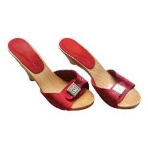 CHANEL Red Satin Mules with Wooden Heel Size 39